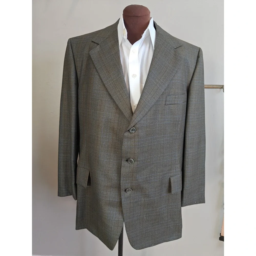 Baskin Mens Wool Sports Coat 46R Olive Glen Plaid USA Vintage 2 Button Blazer